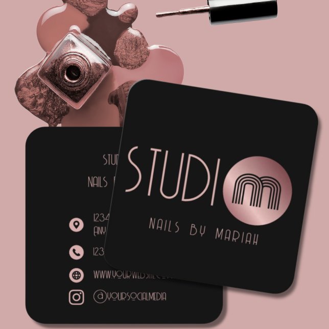 Black Rose Gold Monogram Nail Artist Square Business Card (Creator Uploaded)
