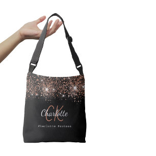 Black rose gold monogram script crossbody bag