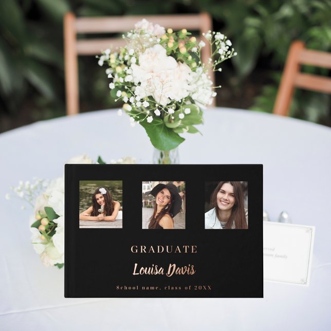 Black rose gold name script photo Graduation Guest Book (Creator Uploaded)