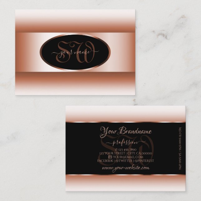 Black Rose Gold Oval Frame Initials Rose Gradient Business Card (Front/Back)