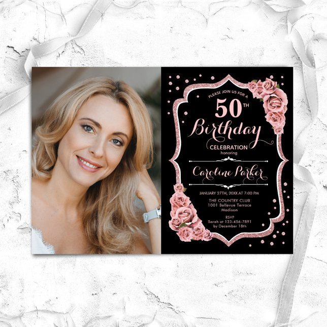 Black Rose Gold Photo 50th Birthday Invitation (Creator Uploaded)