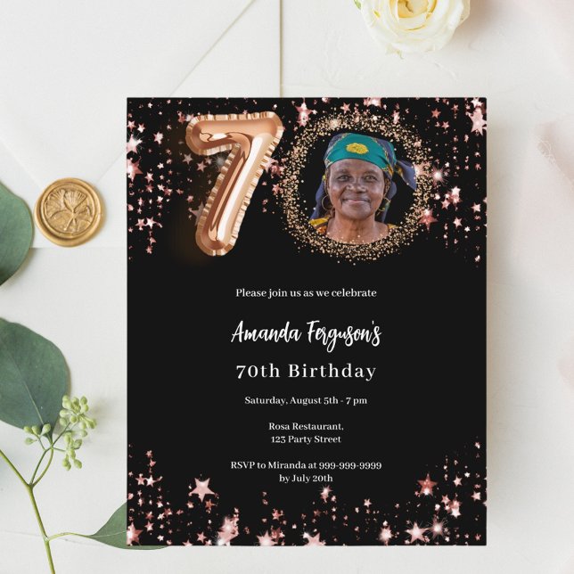 Black rose gold photo 70th birthday invitation (Creator Uploaded)