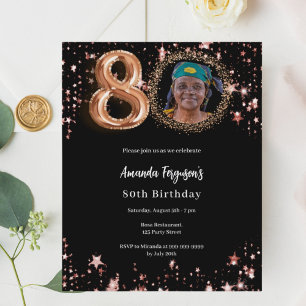 Black rose gold photo 80th birthday invitation