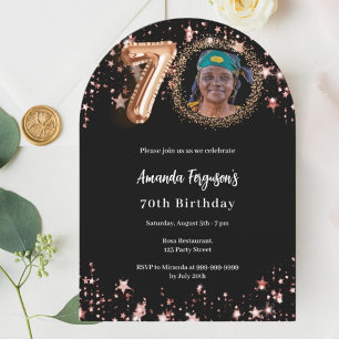 Black rose gold photo stars 70th birthday arch invitation