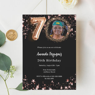 Black rose gold photo stars 70th luxury birthday invitation