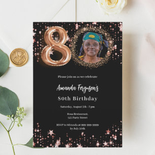 Black rose gold photo stars 80th birthday luxury invitation