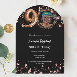 Black rose gold photo stars 90th birthday arch invitation