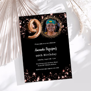 Black rose gold photo stars 90th birthday invitation