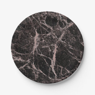 Black & Rose Gold Pink Glitter Marble Glam Trendy Paper Plate