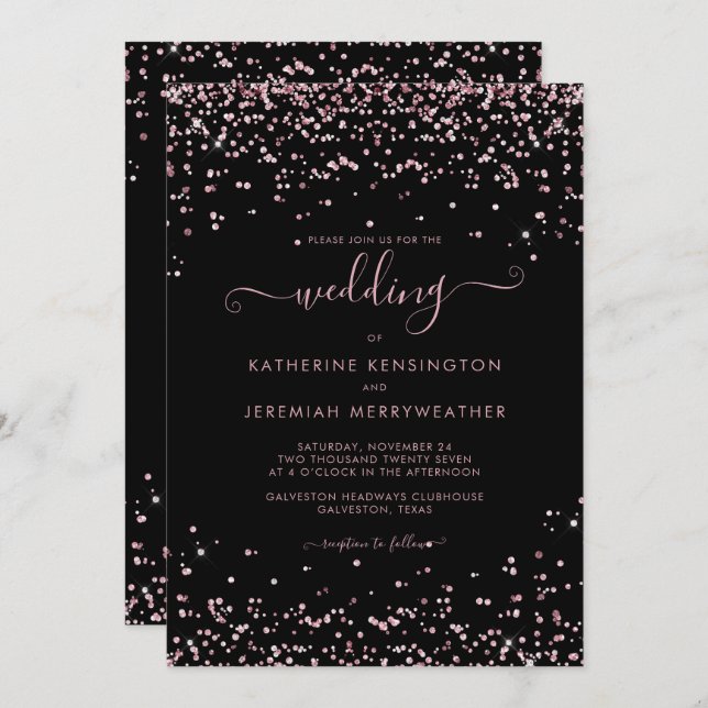 Black Rose Gold Pink Glitter Wedding Invitation (Front/Back)