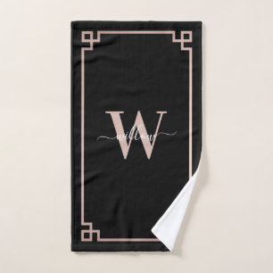 Black & Rose Gold Pink Greek Key Monogrammed Bath Towel Set