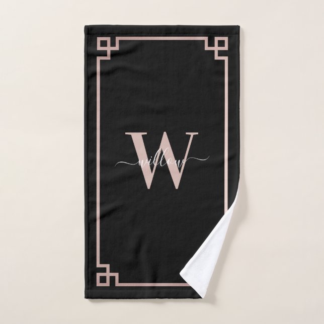 Black & Rose Gold Pink Greek Key Monogrammed  Bath Towel Set (Hand Towel)
