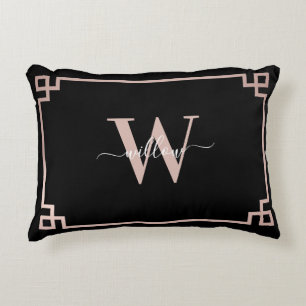 Black & Rose Gold Pink Greek Key Monogrammed Decorative Cushion