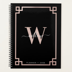 Black & Rose Gold Pink Greek Key Monogrammed Planner