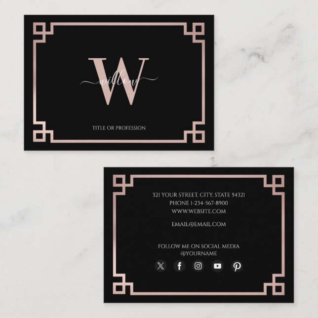 Black & Rose Gold Pink Greek Key Social Media  Business Card (Front/Back)