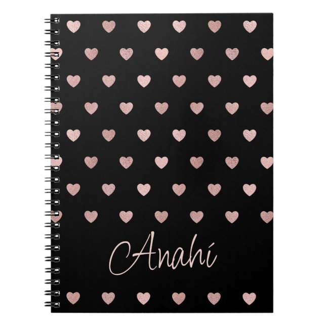 Black Rose Gold Polka Dot Hearts Personalised  Notebook (Front)