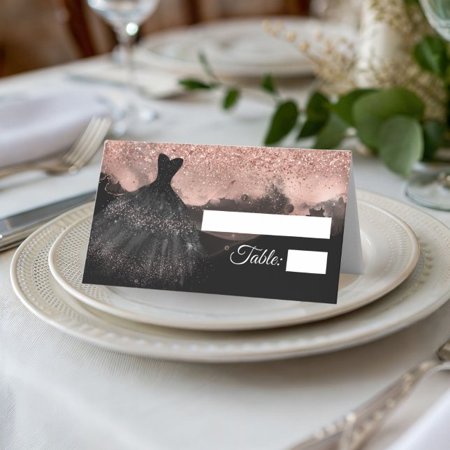 Black & Rose Gold Princess Quinceañera Place Card (Black and Rose Gold Princess quinceañera place card)