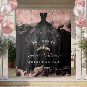 Black & Rose Gold Quinceañera Birthday Backdrop Tapestry