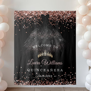 Black & Rose Gold Quinceañera Birthday Backdrop Tapestry