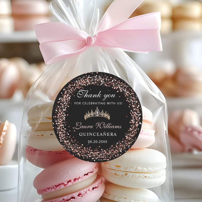 Black & Rose Gold Quinceañera Birthday Thank you Classic Round Sticker (Rpse Gold and Black Crown tiara quinceañera Thank you stickers)