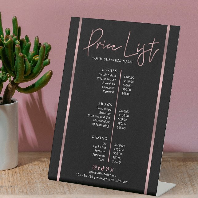 Black & Rose Gold Salon Spa Trendy Price List Pedestal Sign (Black and rose gold effect elegant business price list pedestal sign)