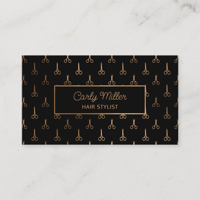 Black & Rose Gold Scissor Pattern Hair Stylist Business Card (Front)