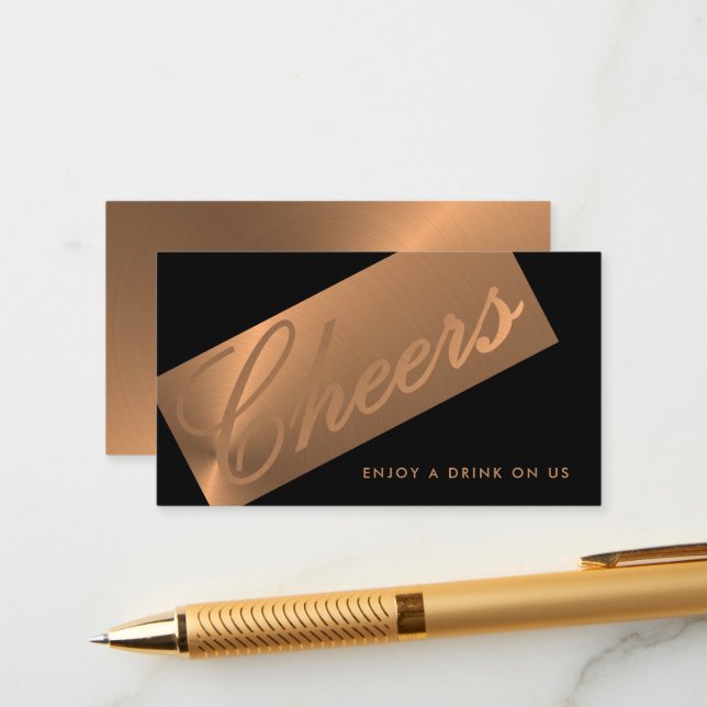 Black & Rose Gold Script "Cheers" Drink Ticket Enclosure Card (Front/Back In Situ)