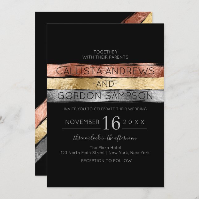 Black Rose Gold Silver Brushstroke Striped Wedding Invitation (Front/Back)