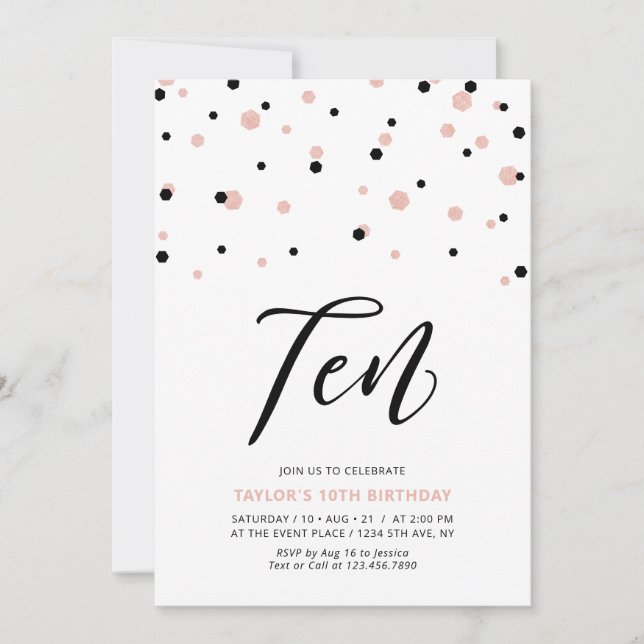 Black & Rose Gold Simple 10th Teen Birthday Party Invitation (Front)