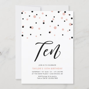 Black & Rose Gold Simple 10th Teen Birthday Party Invitation