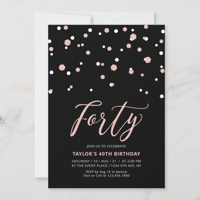 Black Rose Gold Simple Forty 40th Birthday Party I Invitation (Front)