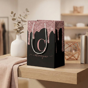 Black Rose Gold Sparkle Dripping Glitter Monogram Medium Gift Bag