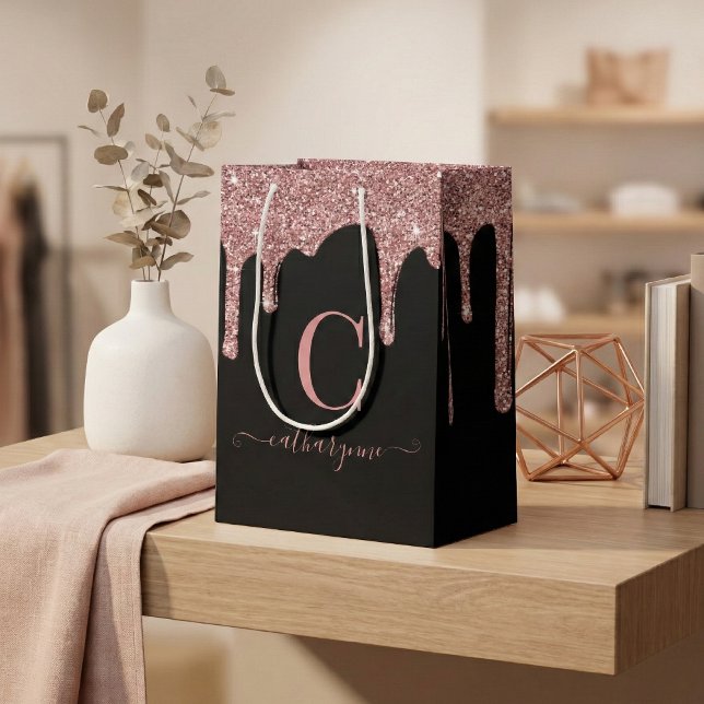 Black Rose Gold Sparkle Dripping Glitter Monogram Medium Gift Bag (Creator Uploaded)