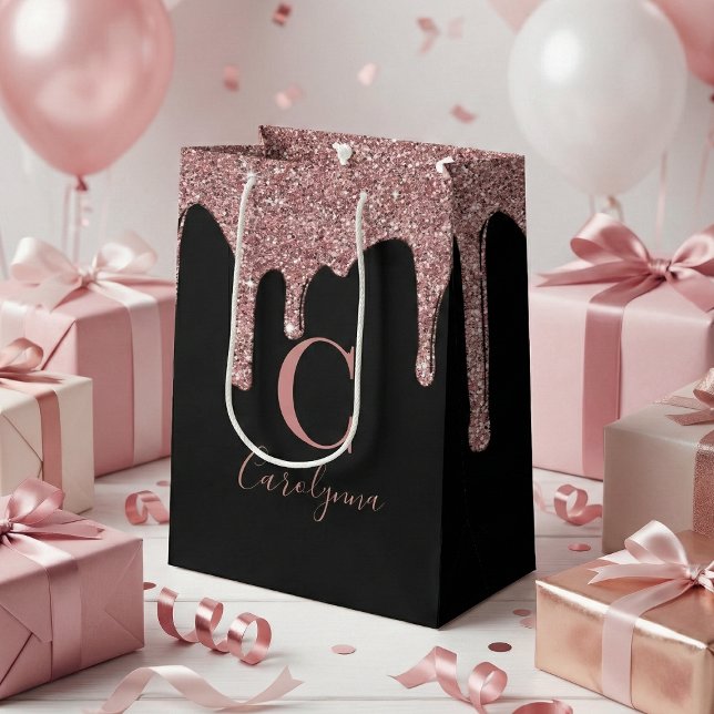 Black Rose Gold Sparkle Dripping Glitter  Monogram Medium Gift Bag (Creator Uploaded)