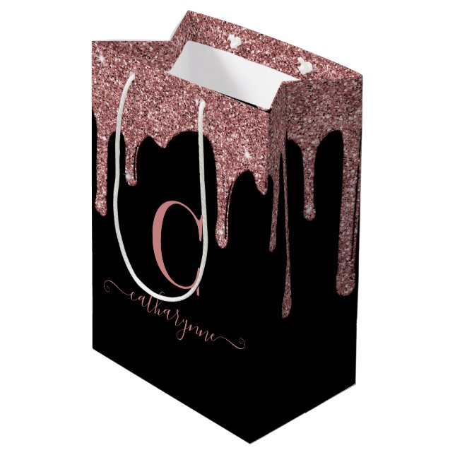 Black Rose Gold Sparkle Dripping Glitter Monogram Medium Gift Bag (Back Angled)