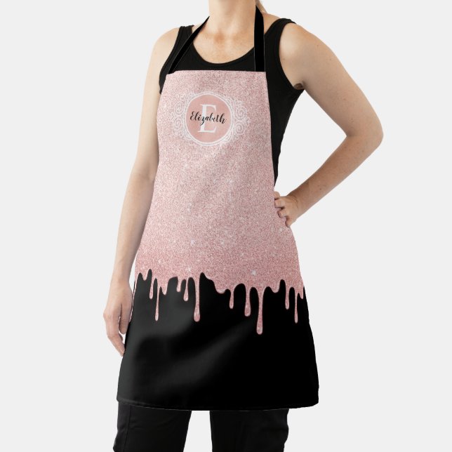 Black Rose Gold Sparkle Glitter Drips Apron (Insitu)