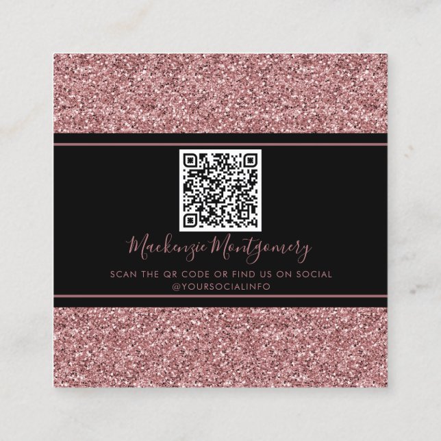 Black Rose Gold Sparkle Glitter Drips QR Code Square Business Card (Back)