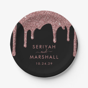 Black Rose Gold Sparkle Glitter Drips Wedding Paper Plate