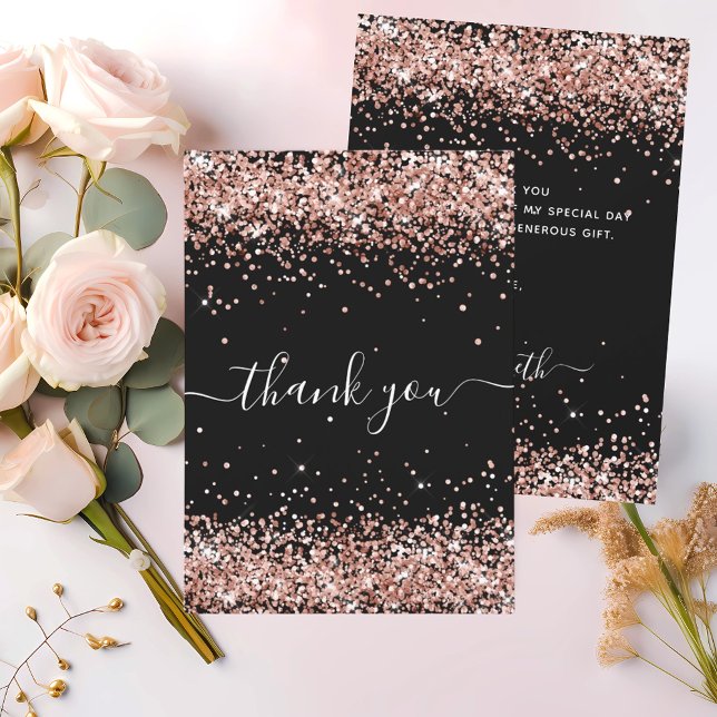 Black rose gold sparkles script thank you card (Creator Uploaded)