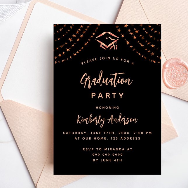 Black rose gold stars graduation party invitation postcard (Creator Uploaded)