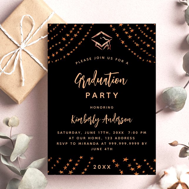 Black rose gold stars graduation party modern year invitation postcard (Creator Uploaded)