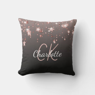 Black rose gold stars monogram name cushion