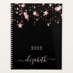Black rose gold stars monogram name script planner