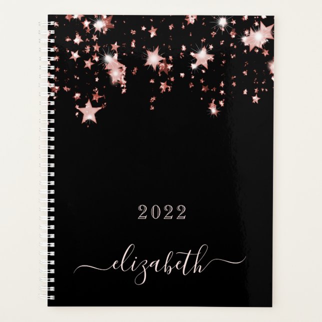 Black rose gold stars monogram name script planner (Front)