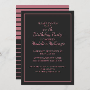 Black Rose Gold Striped Birthday Party Invite