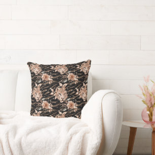 Black Rose Gold Tiger Floral Cushion