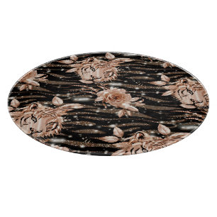 Black Rose Gold Tiger Floral Cutting Board