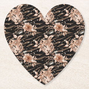 Black Rose Gold Tiger Floral Paper Coaster