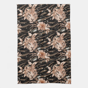 Black Rose Gold Tiger Floral Tea Towel