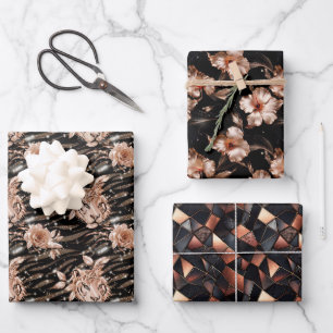 Black Rose Gold Tiger Floral Wrapping Paper Sheet